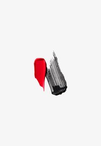 Rote und schwarze Farbmuster, wobei das Rot glatt und glänzend ist, während das Schwarz eine strukturierte, gestreifte Oberfläche hat.