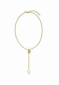 Gouden kettinghalsketting met een hanger met een hangende staaf en een druppelpearl. De ketting heeft een delicate textuur en een verstelbare lengte.