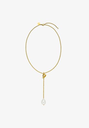 Die goldene Halskette verfügt über einen Anhänger mit einer hängenden Stange und einer Tropfperle. Die Kette hat eine zarte Textur und ist in der Länge verstellbar.