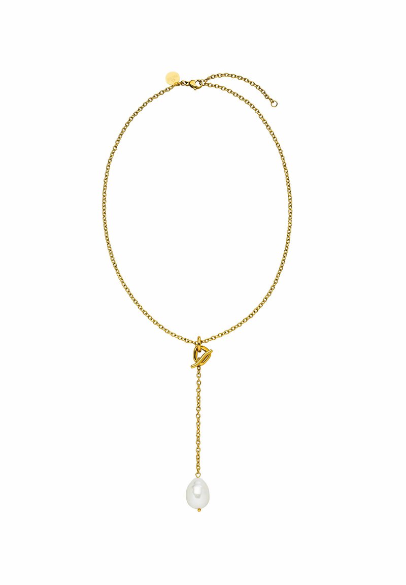 Gouden kettinghalsketting met een hanger met een hangende staaf en een druppelpearl. De ketting heeft een delicate textuur en een verstelbare lengte.