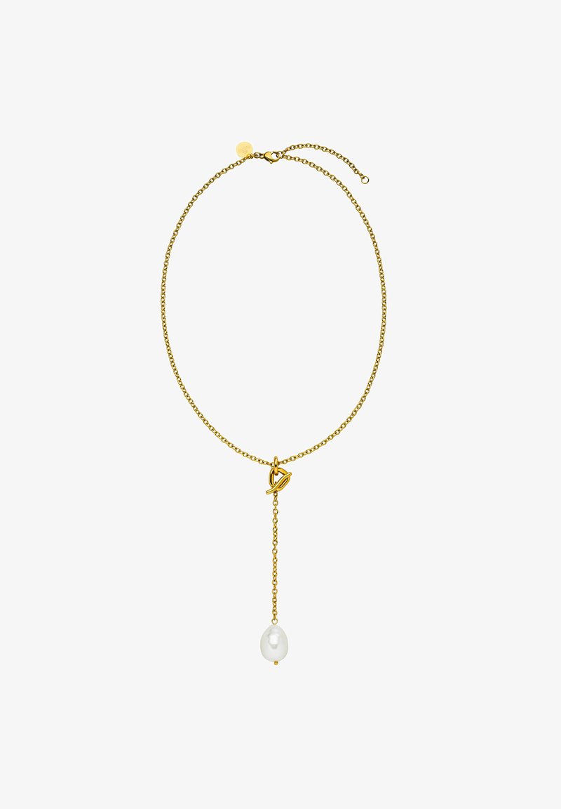 Gouden kettinghalsketting met een hanger met een hangende staaf en een druppelpearl. De ketting heeft een delicate textuur en een verstelbare lengte.