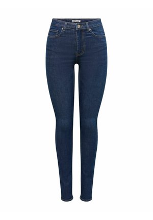 Jeans ajustados de denim azul oscuro. Diseño de cintura alta con cinco bolsillos y costuras en contraste. Textura suave, forma ceñida y herrajes resistentes.