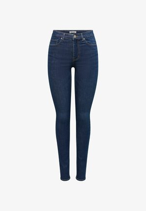 Slim jeans i mörkblå denim. Hög midja med fem fickor och kontrasterande sömmar. Slen yta, åtsittande form och robusta detaljer.