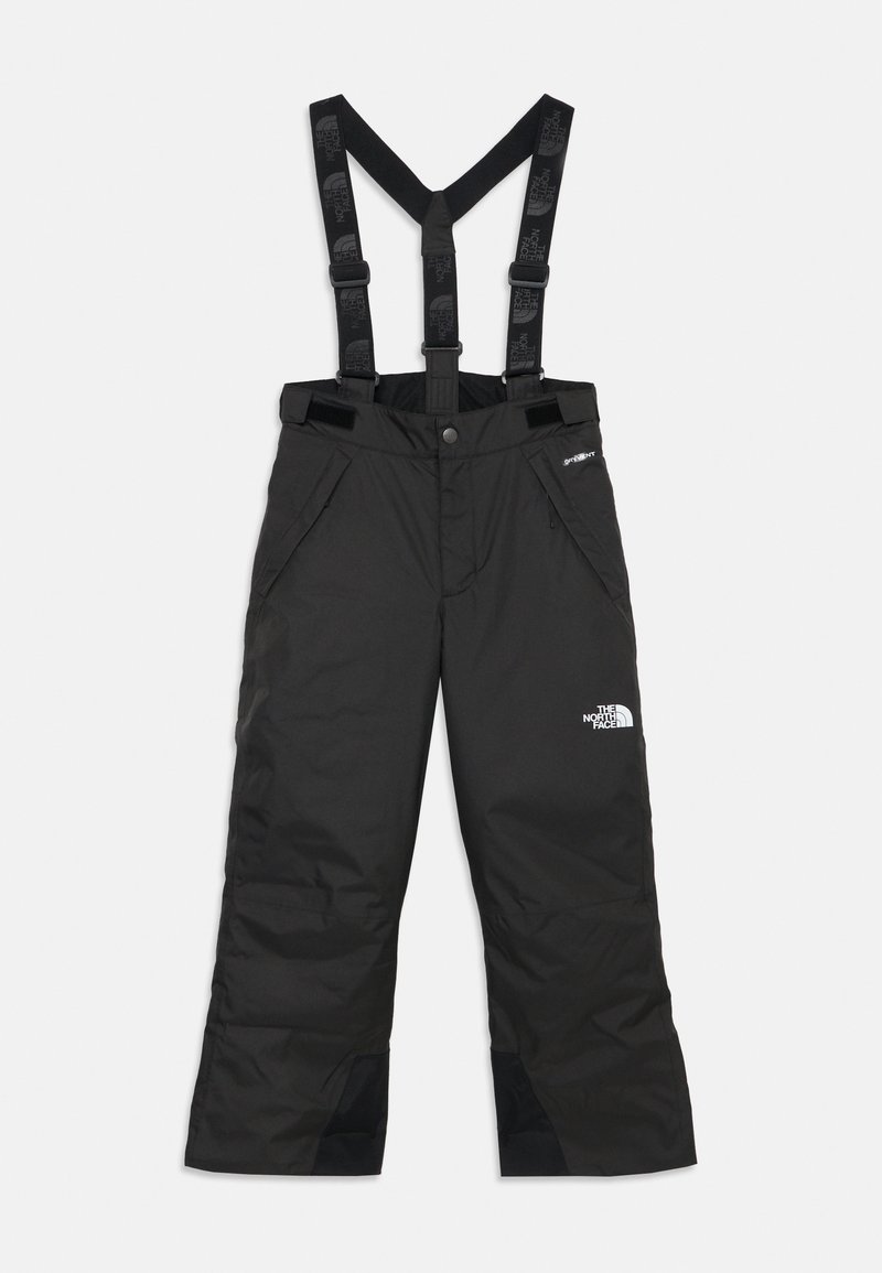 Juodi izoliuoti slidinėjimo kombinezonai su reguliuojamais petnešomis, užtrauktukais šoninėse kišenėse ir "The North Face" logotipu ant šlaunies.