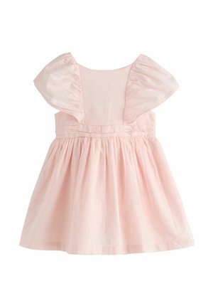 Jasnoróżowa sukienka dla malucha z bufkami na krótkich rękawach, dopasowanym gorsetem i marszczonym dołem.