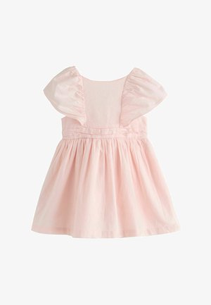 Šviesiai rožinė vaikų suknelė su pūstomis trumpomis rankovėmis, prigludusiu liemeniu ir surinkta sijono dalimi.