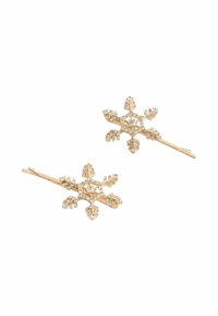 Guldtonade hårnålar utformade som snöflingor, dekorerade med klara rhinestones. Varje nål har intrikata bladmönster och en symmetrisk form.