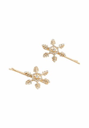 Goldfarbene Haarnadeln in Schneeflockenform, verziert mit klaren Strasssteinen. Jede Pin hat filigrane Blattmuster und eine symmetrische Form.