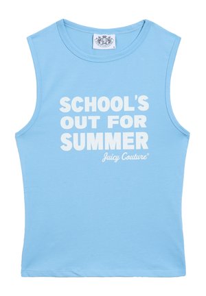 Lichtblauw mouwloos T-shirt van zachte katoen, met vetgedrukte witte tekst "SCHOOL'S OUT FOR SUMMER" en het "Juicy Couture" logo.