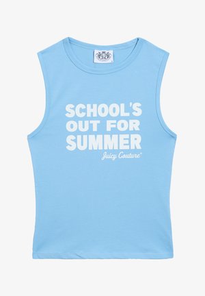 Lichtblauw mouwloos T-shirt van zachte katoen, met vetgedrukte witte tekst "SCHOOL'S OUT FOR SUMMER" en het "Juicy Couture" logo.