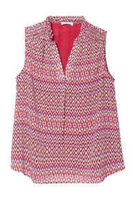 Blouse sans manches présentant un motif géométrique multicolore vif en rose, rouge, jaune et blanc, avec un col à volants et une coupe décontractée.