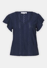 Top a maniche corte blu navy con scollatura a V, caratterizzato da un tessuto texturizzato e motivi a tagli orizzontali, creando un design traspirante.