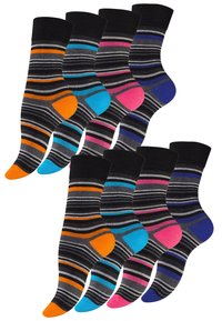 Calze a righe con colori nero, grigio e colori vivaci come arancione, blu e rosa. Polsini a coste e punte a contrasto.