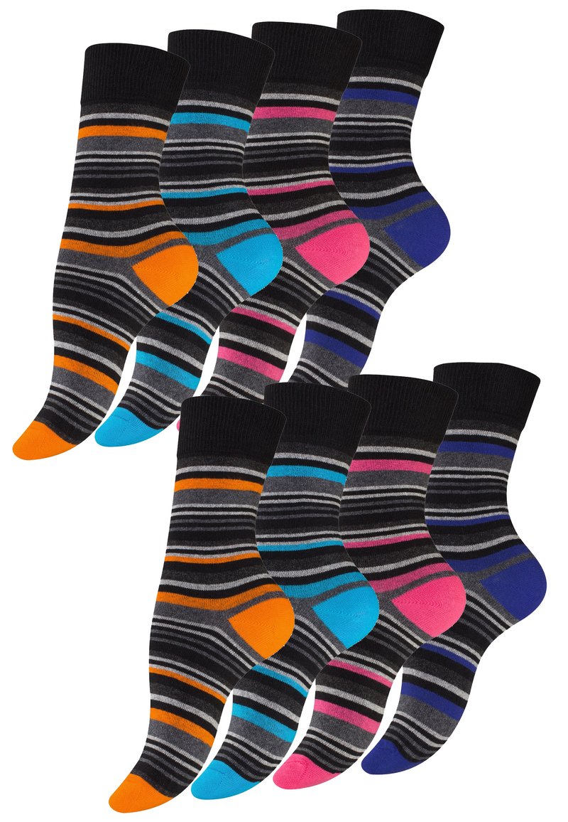 Calze a righe con colori nero, grigio e colori vivaci come arancione, blu e rosa. Polsini a coste e punte a contrasto.