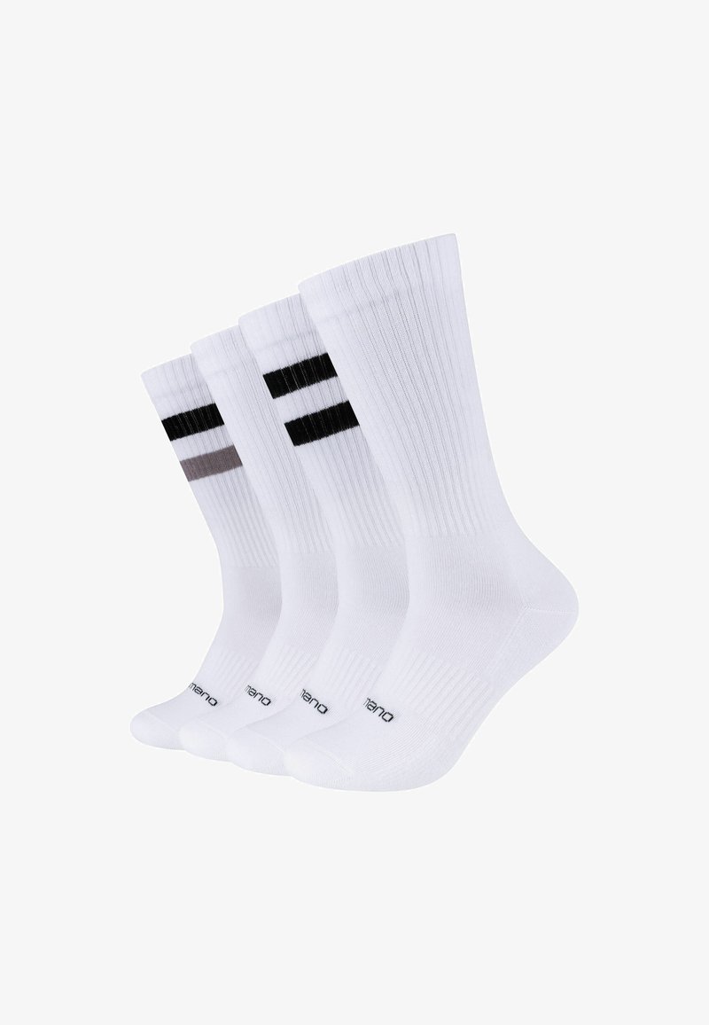 Cztery pary białych skarpetek za kostkę o prążkowanej fakturze, dwie mają dwa czarne paski, jedna ma jeden czarny i jeden szary pasek u góry.