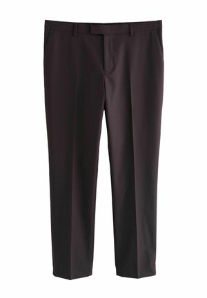 Musta, suora lahkeinen housut, valmistettu sileästä kankaasta. Ominaisuuksiin kuuluvat vetoketjuhäntä, vyölenkit ja sivutaskut. Ei näkyviä kuvioita tai koristeita.