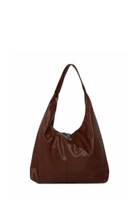 Veľká, uvoľnená taška v tmavo burgundskej koži s zakriveným ramenným popruhom a jemným, elegantným zipsom.