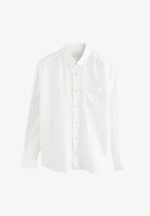 Witte lange mouwen overhemd met knoopsluiting en een kraag, enkele borstzak en gele knopen, gemaakt van een lichte stof met een subtiele textuur.