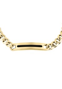 Bracciale in oro con ciondolo ovale e inserto scuro, maglie lisce e finitura lucida.