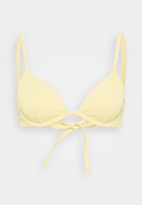Gul ribbet trekant bikini topp med tynne justerbare stropper og knyting foran. Myk tekstur og sømmer for komfort.