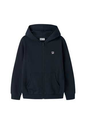 Sweat à capuche zippé bleu marine avec poches avant, poignets et ourlet côtelés, petit logo sur la poitrine et capuche attachée.
