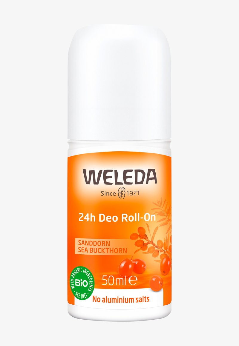Weleda 24h roll-on deodorant with sea buckthorn extract, 50ml, organic ingredients, no aluminium salts, white and orange packaging.