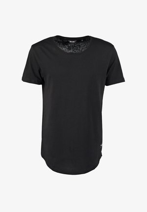 Must must shirt, mille lühikeste varrukatega, ümmarguse kaelusega ja veidi kõverdunud alläänega. Valmistatud pehmest ja kerge kangast. Silt nähtav küljel.