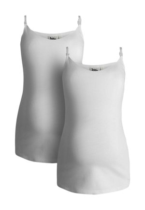 Zwei schlichte weiße Damen-Kamisolen mit verstellbaren Schulterträgern, auf weißem Hintergrund präsentiert.