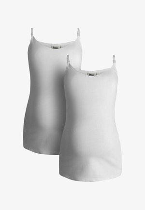 Due semplici canottiere bianche da donna con spalline regolabili, esposte su sfondo bianco.