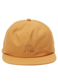 Kappe lavet af orange stof med en glat tekstur. Har en rund krone, kort skygge og et broderet bølge-logo på fronten.