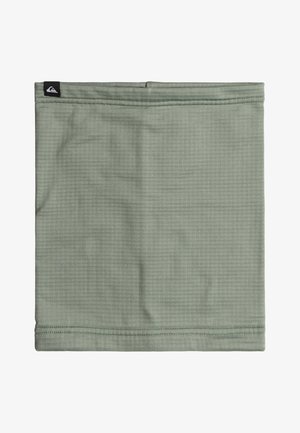 Grüner, strukturierter Halswärmer mit nahtlosem Design und verstärkten Nähten. Mit einem kleinen schwarzen Logo in der oberen linken Ecke.