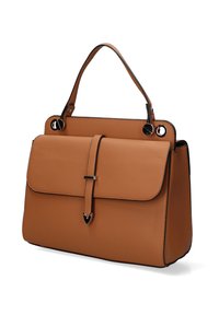 Borsa a mano in pelle marrone con una forma strutturata, caratterizzata da un davanti a pattina, una chiusura magnetica e rifiniture nere sui bordi.