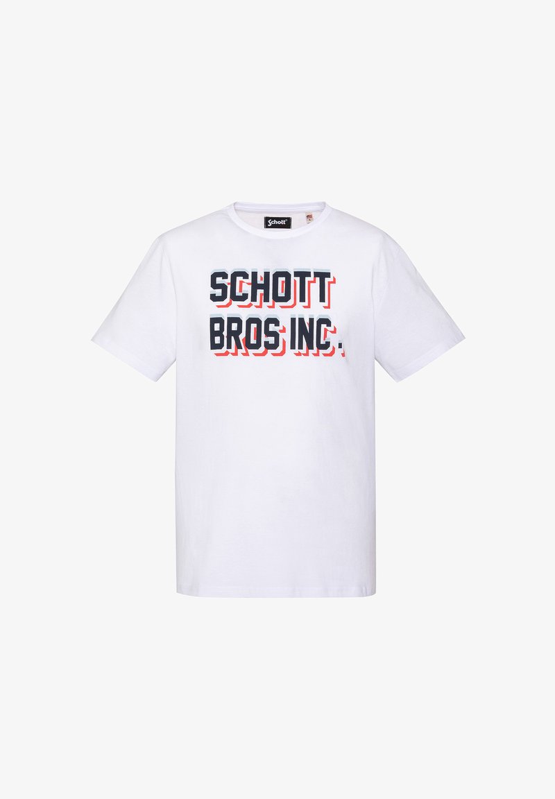 T-shirt blanc à manches courtes avec un texte en relief 3D noir et rouge disant "SCHOTT BROS INC." sur le devant.