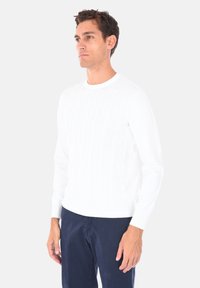 Maglione bianco a maglia con un motivo a treccia, scollo rotondo e polsini a coste. Abbinate a pantaloni blu navy, indossato in piedi contro uno sfondo neutro.