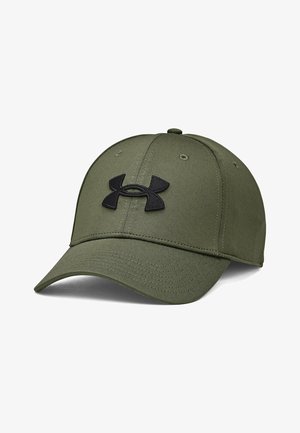 Grüne Kappe mit einem gebogenen Schirm und einem strukturierten Stoff. Auf der Vorderseite ist ein schwarzes Under Armour-Logo deutlich sichtbar.