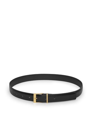 Black leather belt featuring a smooth texture, a rectangular gold-tone buckle, and multiple holes for adjustable sizing.
