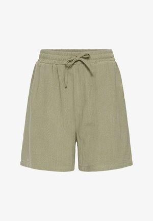 Světlé zelené, texturaované šortky s elastickým pasem a šňůrkou, vystupujícími bočními kapsami a uvolněným střihem.