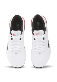 White Reebok Nano X shoes with black and red accents, featuring a textured upper, lace-up closure, and a cushioned sole.