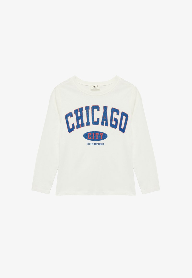 Weißes Langarm-T-Shirt mit dem Aufdruck "CHICAGO CITY" und "STAATSMEISTERSCHAFT" in kräftigem Blau und Rot, aus Baumwolle, mit Rundhalsausschnitt.