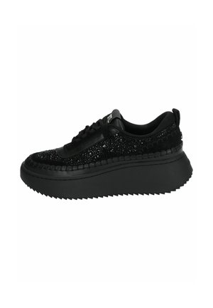 Black sneaker featuring a textured upper with sparkling accents, thick sole with serrated edge, and robust lace-up design.