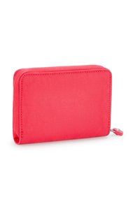 Portafoglio zip in rosso corallo realizzato in tessuto texturizzato. Forma rettangolare con bordi arrotondati e un piccolo dettaglio della zip.