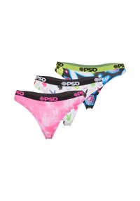 Trzy pary damskiej bielizny w tym: różowy wzór tie-dye, biały wzór kwiatowy oraz czarno-zielony styl graficzny. Elastyczne paski w talii.