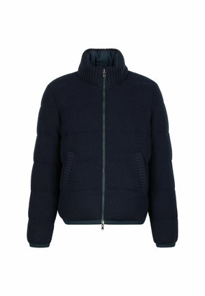 Puffer jacket in dark navy, featuring a high collar, ribbed cuffs, and side pockets. Textured material with a zip closure.