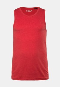Rotes ärmelloses Tanktop aus Baumwollmischung. Es hat einen runden Ausschnitt und ein dezentes Logo. Glatte Textur, normaler Schnitt.