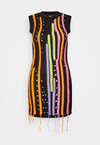 Abito in maglia nero con strisce verticali vivaci e multicolori e dettagli cut-out. Caratterizzato da un orlo frangiato e un collo rotondo.