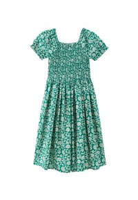 Robe florale verte avec un décolleté carré, des manches courtes bouffantes et un corps smocké. La jupe est froncée, mettant en valeur un motif de feuilles et de fleurs.