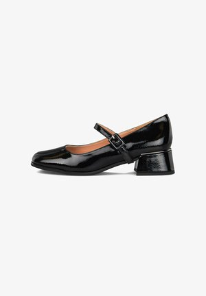 Zapato Mary Jane de charol negro con punta redonda, tira en el tobillo y un tacón bajo y grueso. Textura suave con un acabado brillante.
