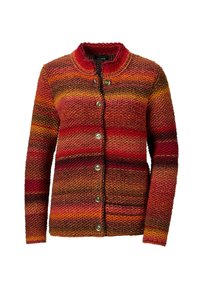 Gestrickte Jacke mit roten, orangefarbenen und gelben Streifen. Verfügt über einen Rundhalsausschnitt, eine Knopfleiste und einen strukturierten Stoff mit tonalen Variationen.