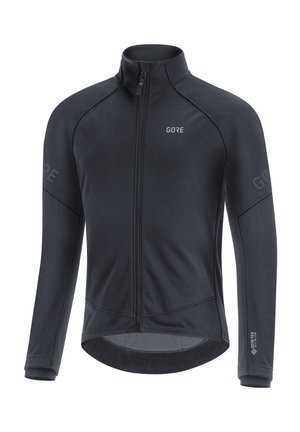 Černá cyklistická bunda s dlouhým rukávem, předním zipem, vysokým límcem a logem Gore-Tex Infinium na pravém rukávu a na hrudi.