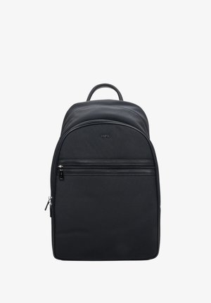 Zwarte rugzak met een gladde stofafwerking, ronde bovenkant, voorvak met rits en verstelbare schouderbanden. Voorzien van een bovenhandvat voor het dragen.